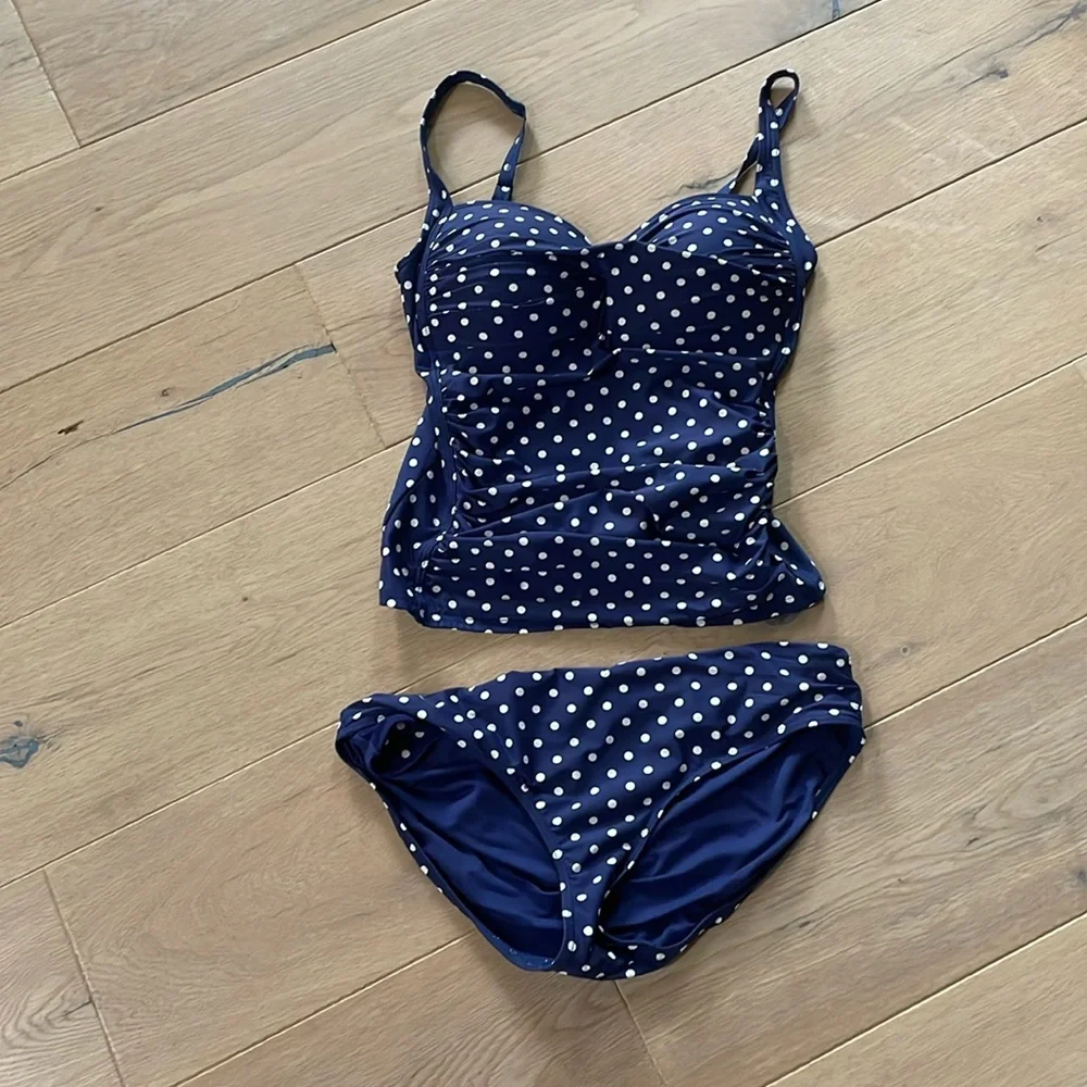 Bond Eye Australia Navy & White Polka Dot Swimsuit Tankini Top & Bottom size 10 - Picture 1 of 8